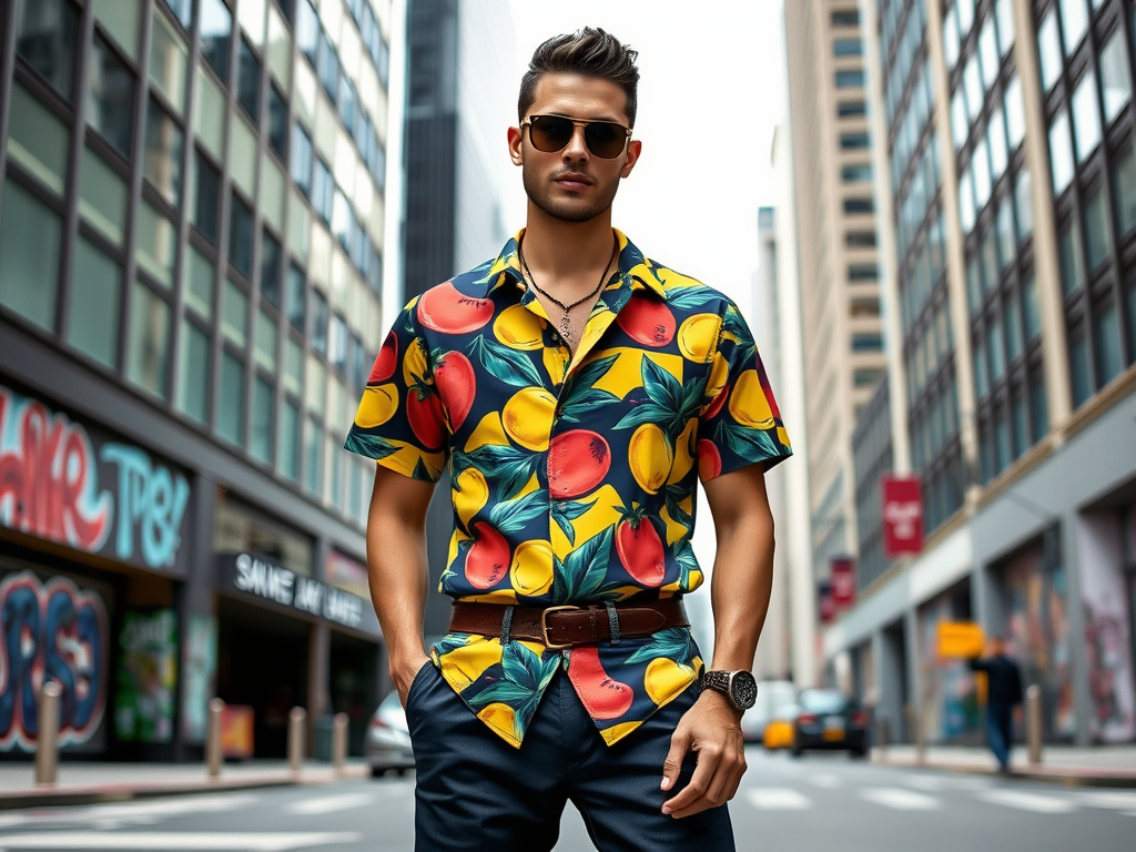 Un homme élégant porte une chemise colorée avec des fruits dans une rue urbaine moderne.