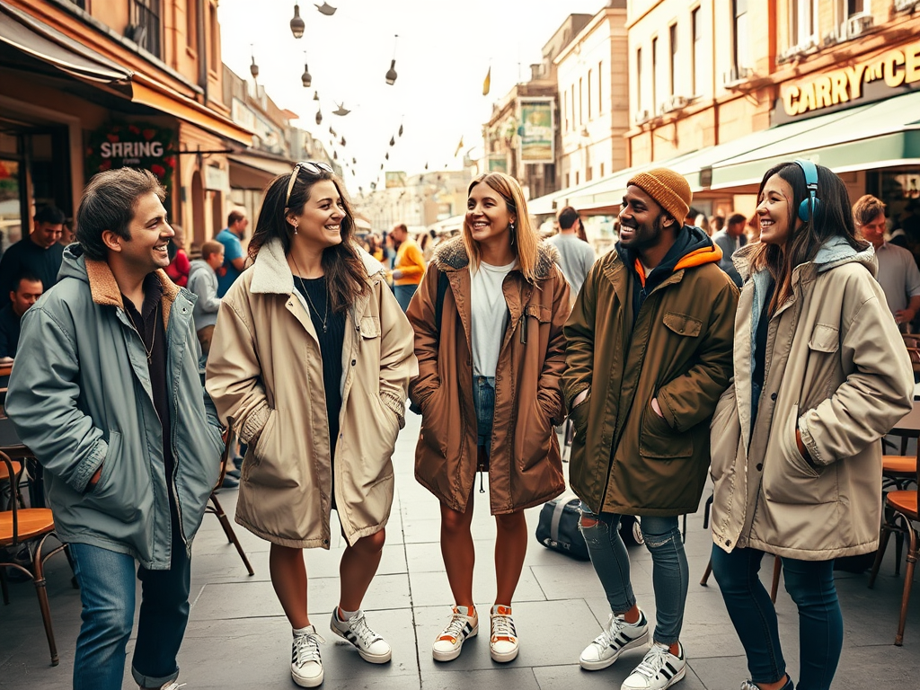 Un groupe de cinq amis souriants portant des manteaux dans une rue animée, discutant et s'amusant ensemble.