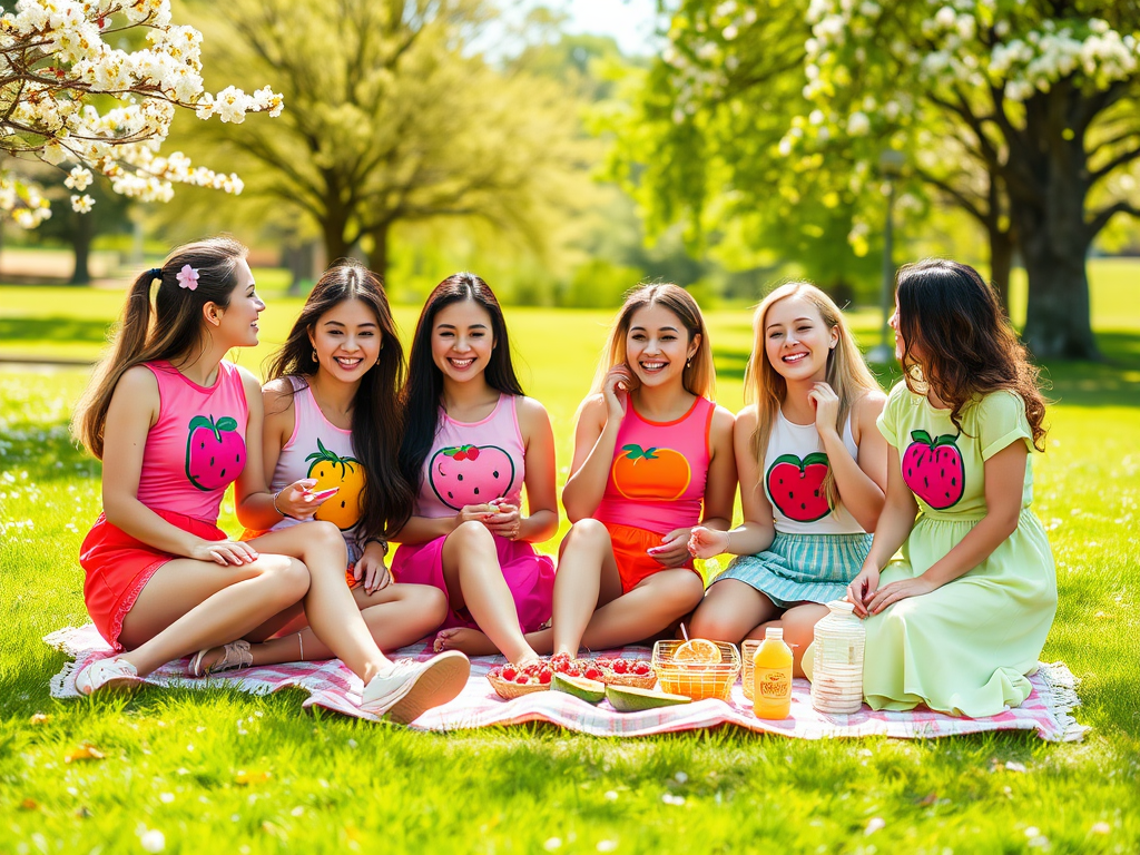 Six jeunes femmes souriantes portant des vêtements colorés en plein air profitent d'un pique-nique sous les arbres.