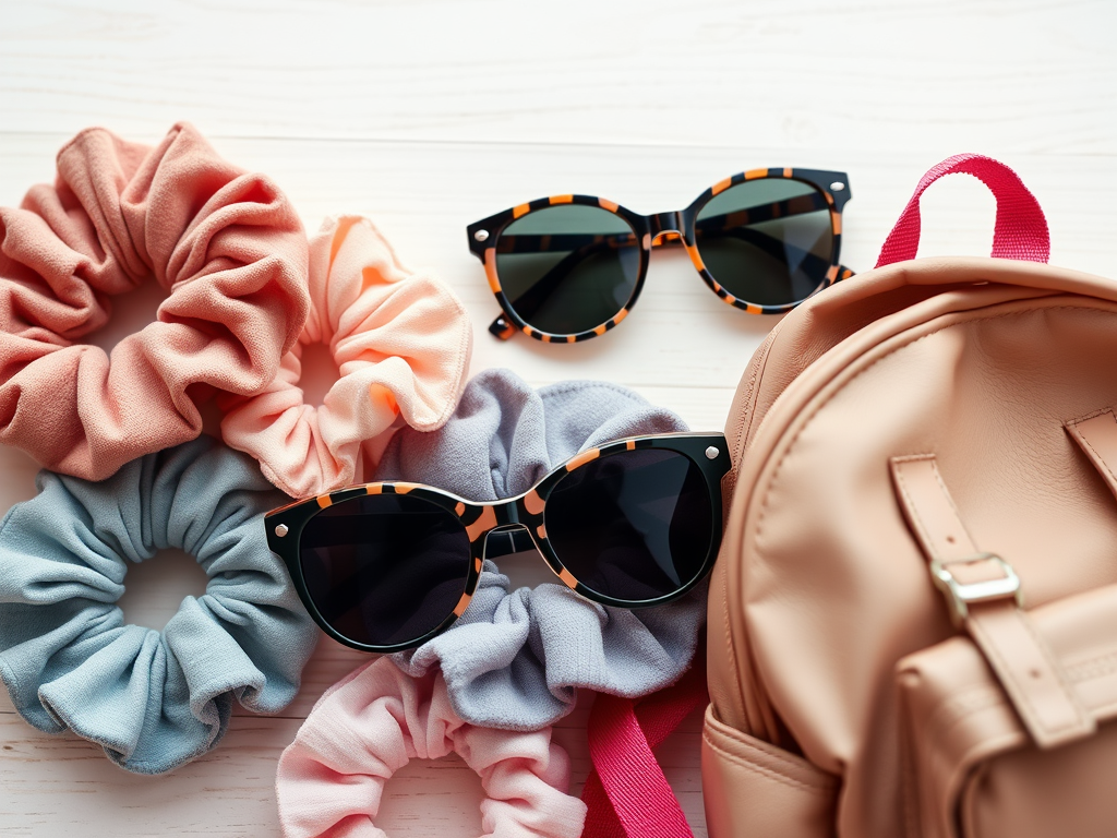 Une image montrant des chouchous colorés, des lunettes de soleil et un sac à dos sur une table en bois.