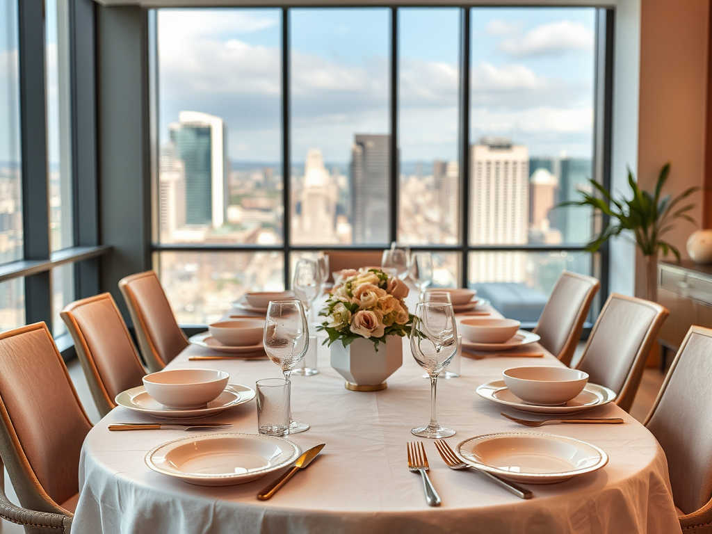 Une table élégamment dressée avec vue sur la ville, des fleurs et de la vaisselle raffinée.