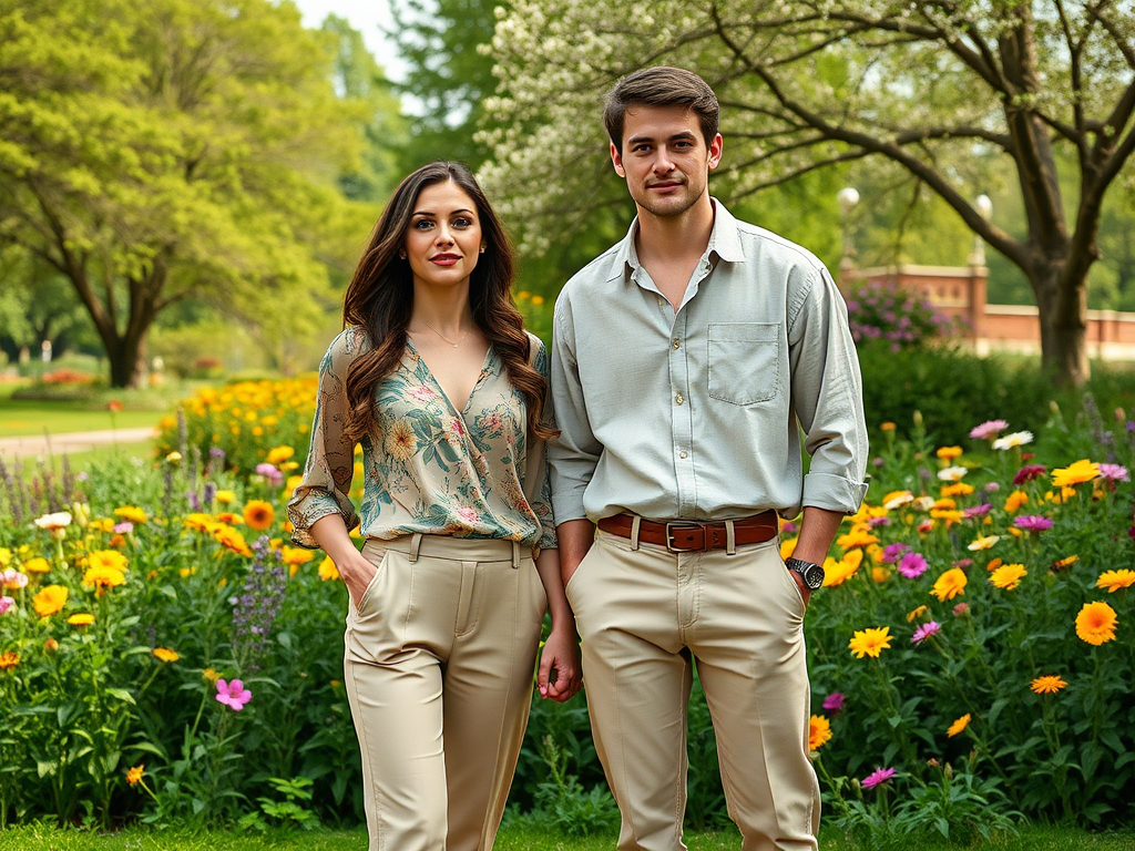 Deux personnes posent dans un jardin fleuri, entourées de fleurs colorées et d'arbres verts.