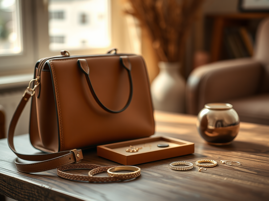 Un sac marron, des bijoux dorés et un vase décoratif sur une table en bois. Ambiance chaleureuse et élégante.