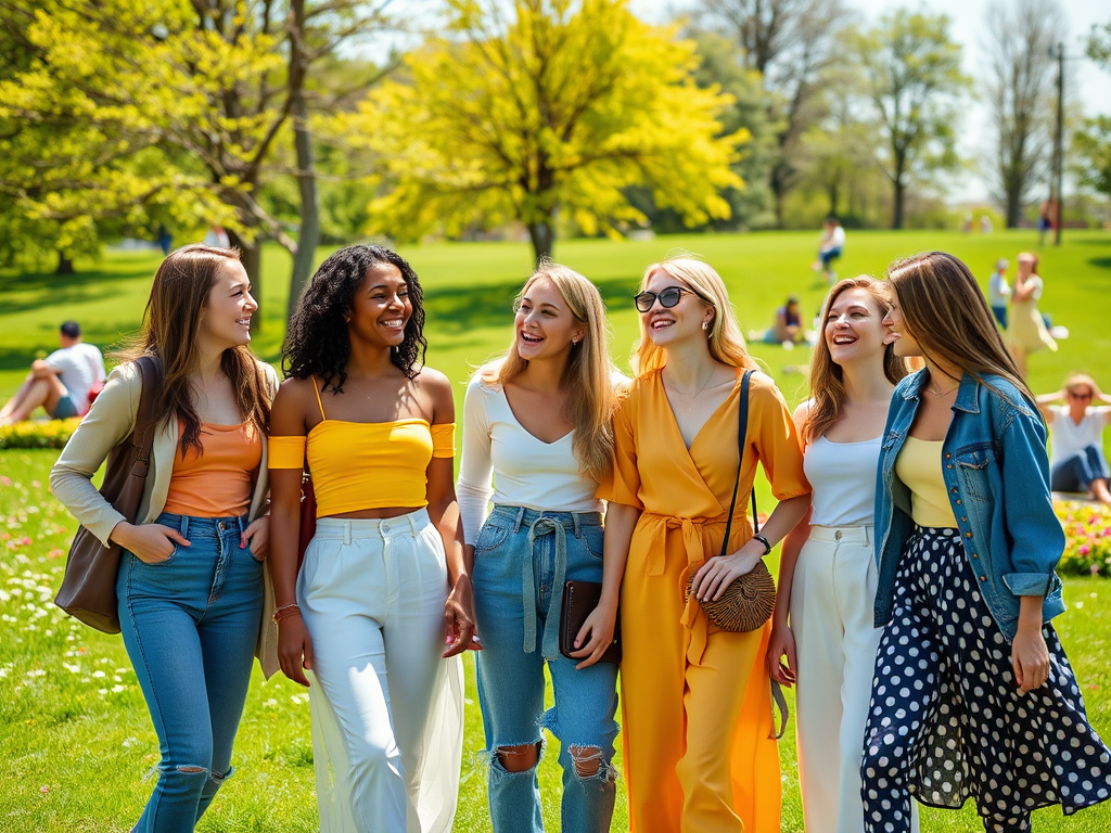 Un groupe d'amies souriantes marchant ensemble dans un parc ensoleillé au printemps.