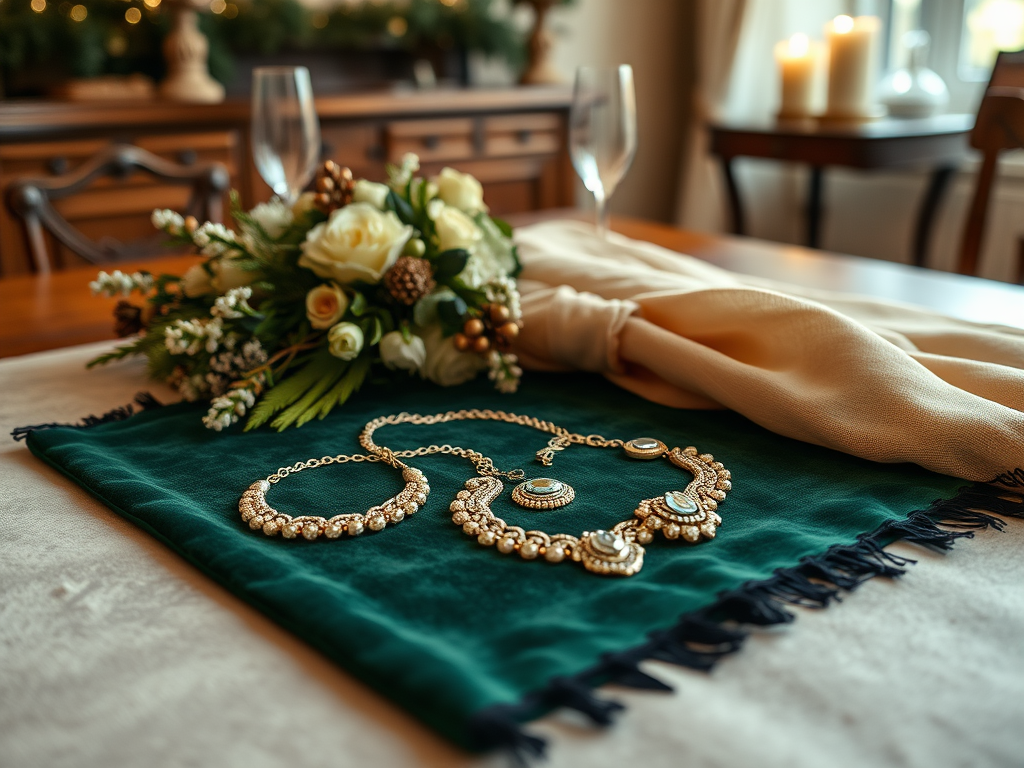 Un élégant ensemble de bijoux dorés posé sur un tissu vert, accompagné d'un bouquet de fleurs blanches et d'une serviette beige.