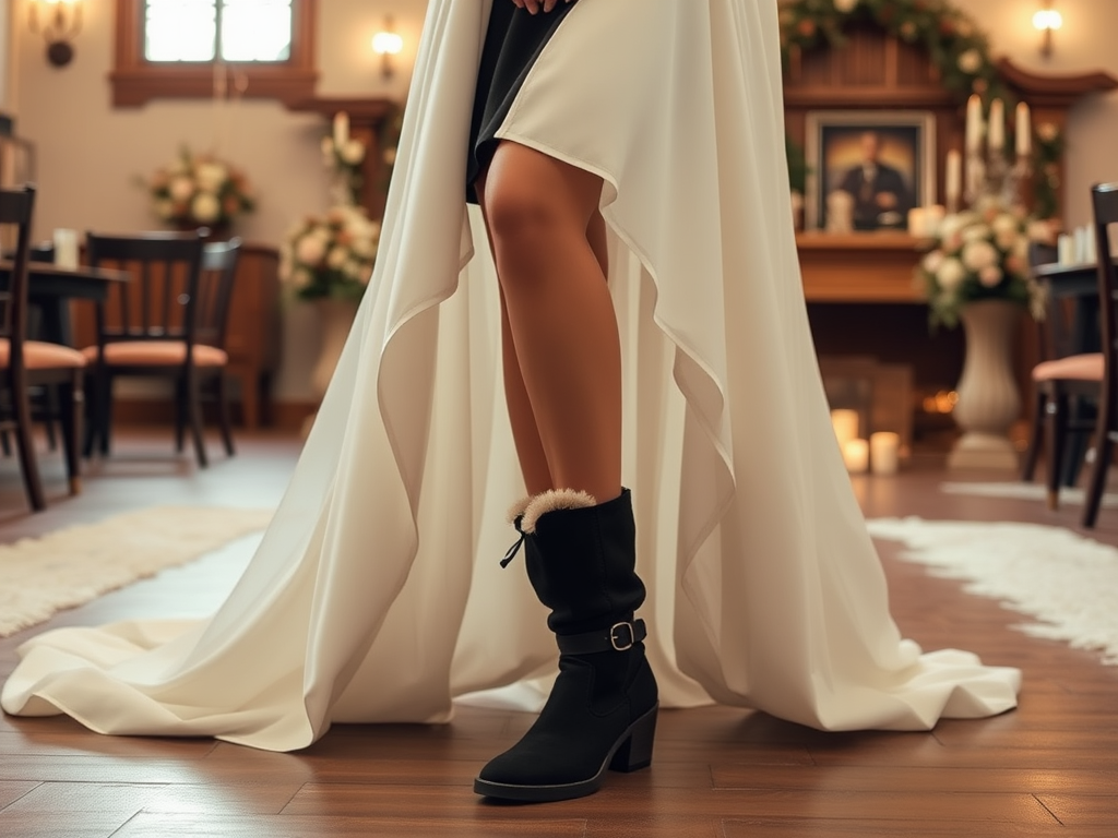 Une femme en robe blanche et bottes noires se tient dans un intérieur élégant avec des fleurs et des bougies.