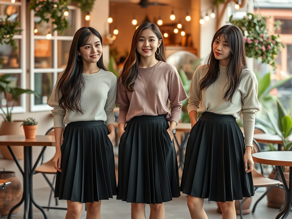 Trois femmes souriantes, avec des jupes plissées noires, se tiennent dans un café lumineux et élégant.