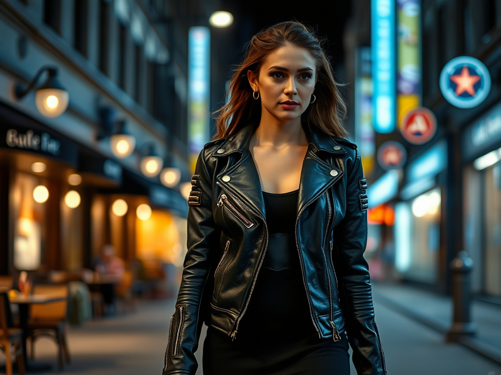 Une femme confiante en cuir noir marche dans une rue illuminée, entourée de néons colorés.