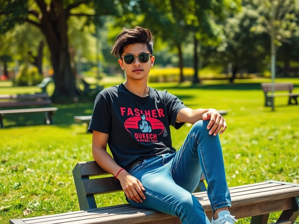 Un jeune homme portant un t-shirt noir et des lunettes de soleil, assis sur un banc dans un parc verdoyant.