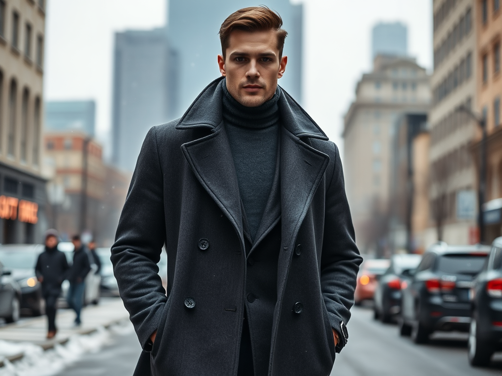 Un homme au style élégant porte un manteau sombre dans une rue animée par un temps frais.