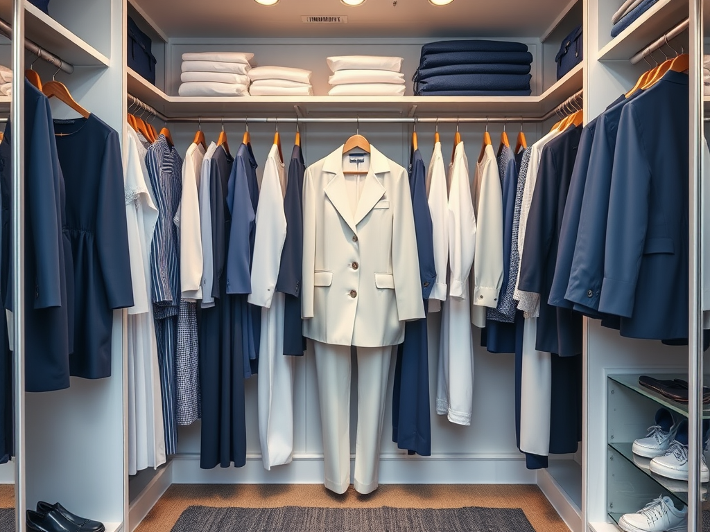 Une garde-robe bien organisée avec des vêtements en bleu et blanc, incluant un costume blanc au centre.