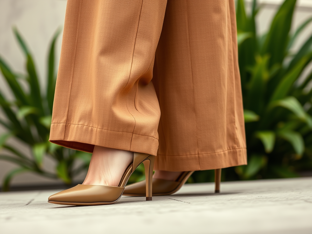 Une paire d'escarpins beiges portée sous un pantalon large orange, sur un fond de feuillage vert.