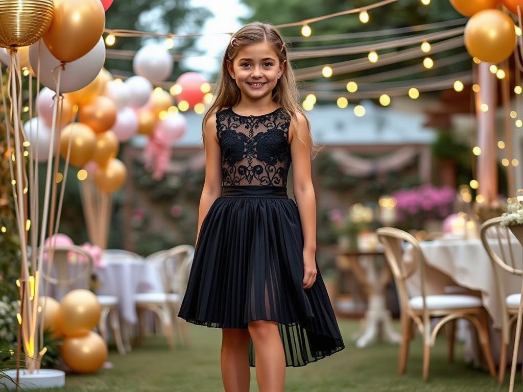 Une petite fille souriante porte une robe noire, entourée de ballons et d'une décoration festive en plein air.