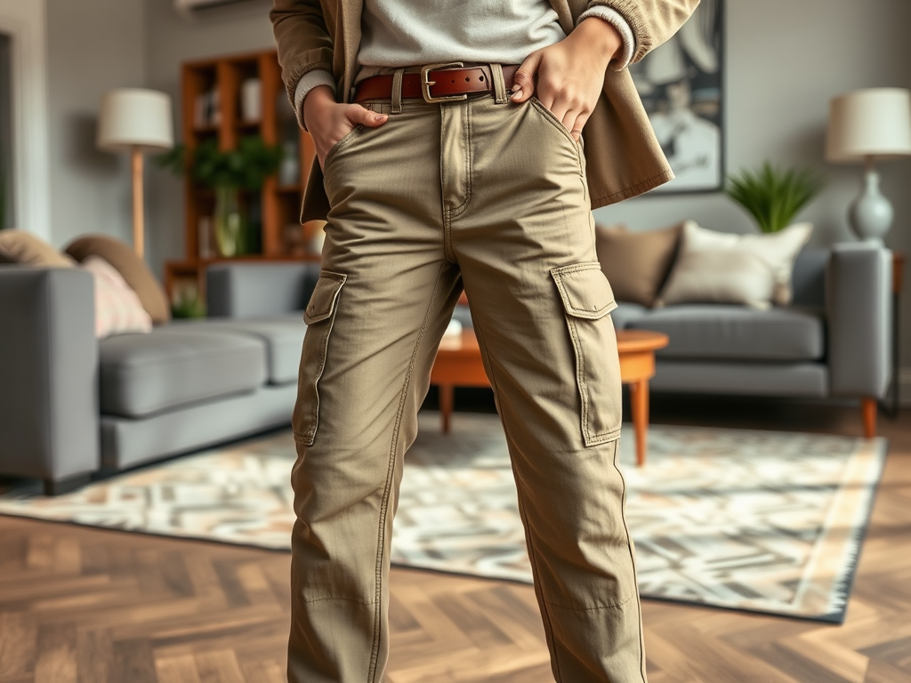 Une personne porte un pantalon beige dans un salon moderne avec un canapé et des éléments de décoration élégants.