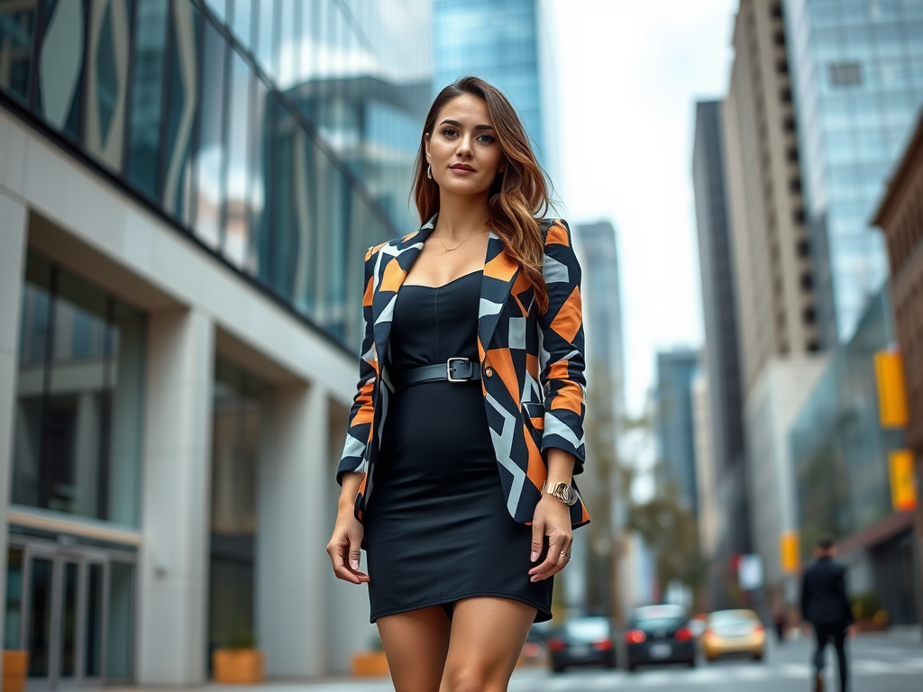 Une femme élégante en blazer coloré et robe noire se tient dans une rue urbaine moderne.