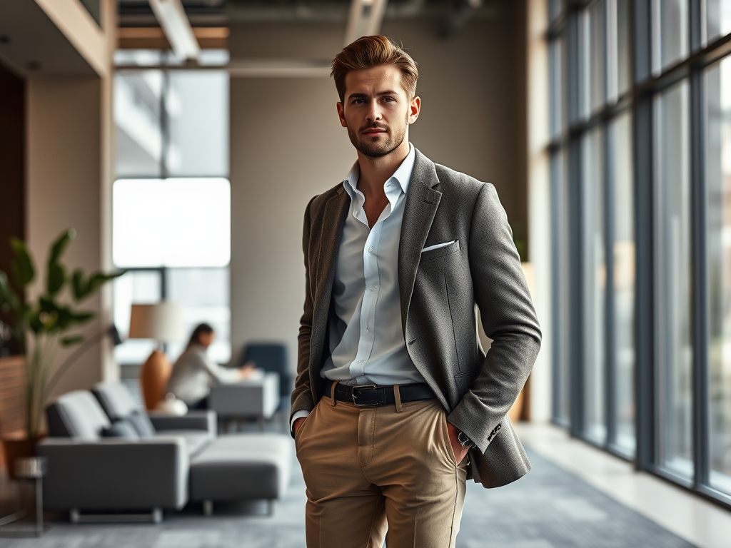 Un homme bien habillé, en costume, se tient dans un bureau moderne avec de grandes fenêtres.