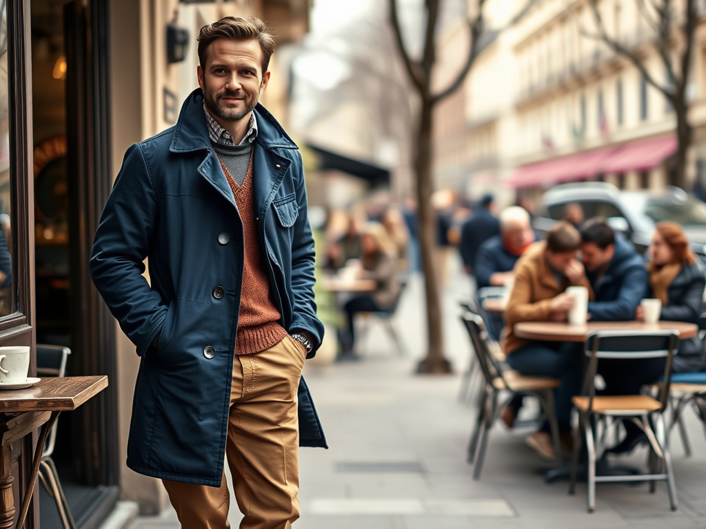 Un homme souriant en manteau bleu regarde la caméra, avec des tables de café et des passants en arrière-plan.