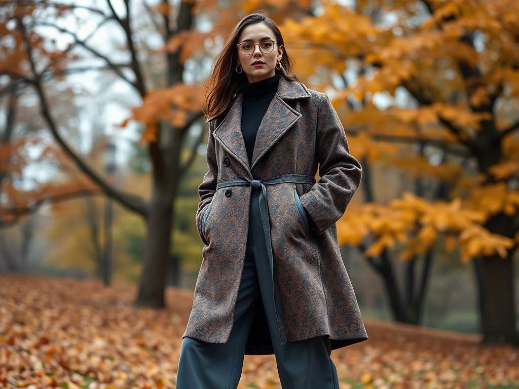 Femme élégante en manteau au milieu d'un parc avec des feuilles d'automne, portant des lunettes et un pull noir.
